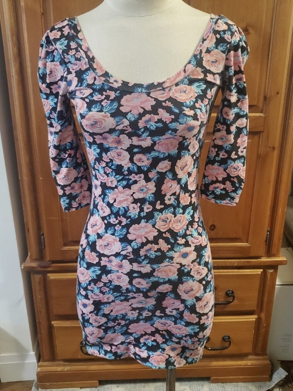 Vintage Pink Floral Scoop-Neck Mini Dress on Black Billabong Betsey Johnson Punk